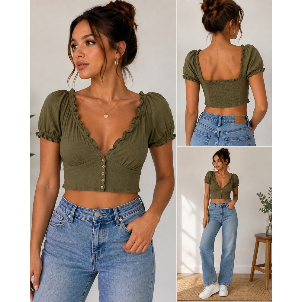 Paper Crane Olive Green Ruffle V-Neck Button Front Smocked Crop Top Medium